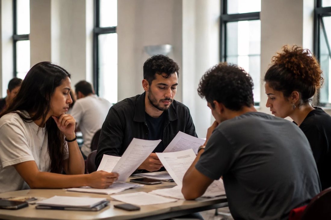 Profissionais reunidos numa sala clara enquanto uma pessoa explica um ponto