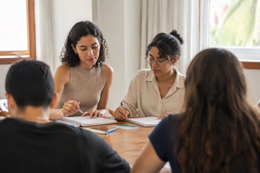 Estudantes de mochila conversando no corredor de um prédio universitário