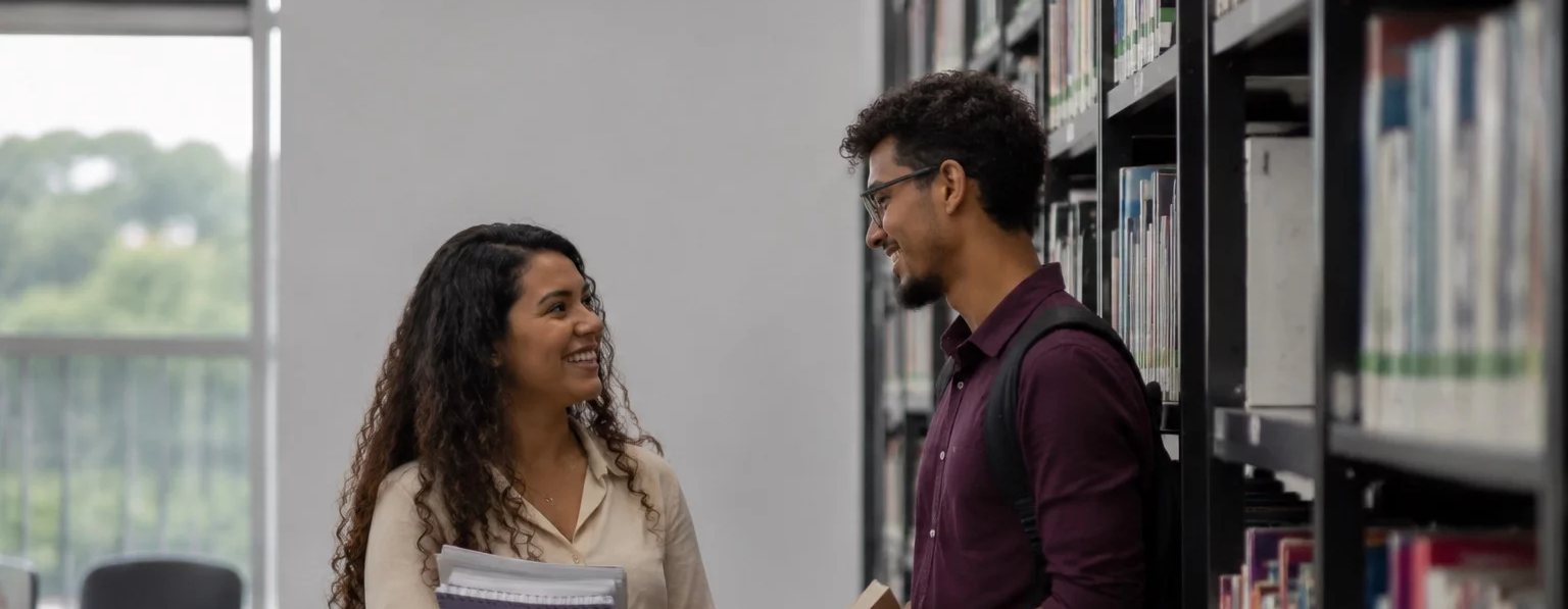 Três participantes conversando na ponta de uma mesa comprida