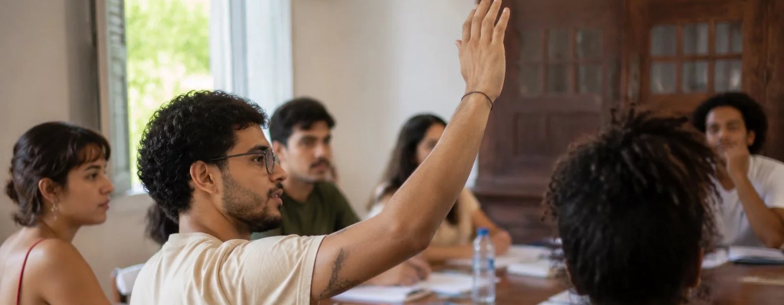 Três participantes conversando na ponta de uma mesa comprida