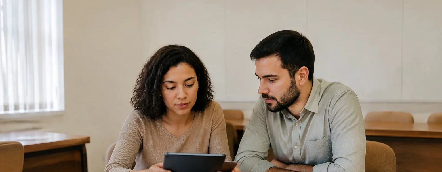 Três participantes conversando na ponta de uma mesa comprida